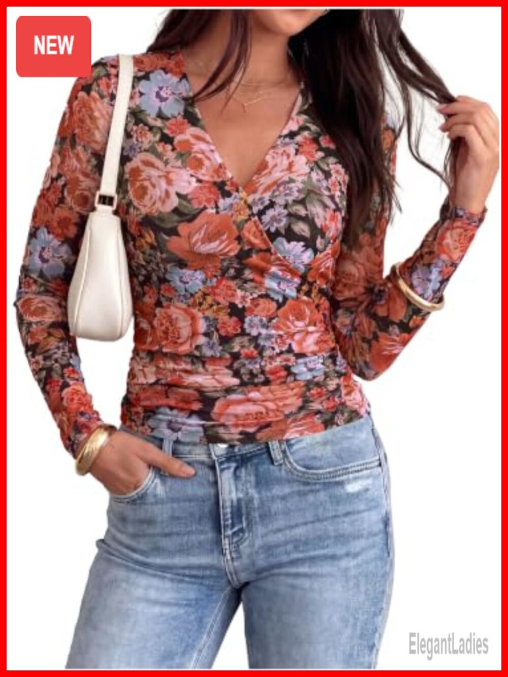 Womens Mesh Wrap Top Floral V Neck Long Sleeve Dressy Blouse